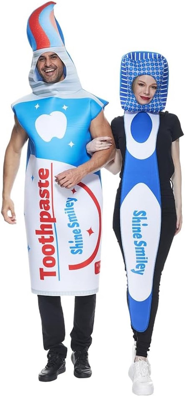 Tandenborstel en tandpasta kostuum voor koppels, Halloween outfit voor volwassenen, unisex, 2-delige set, grappig en origineel
