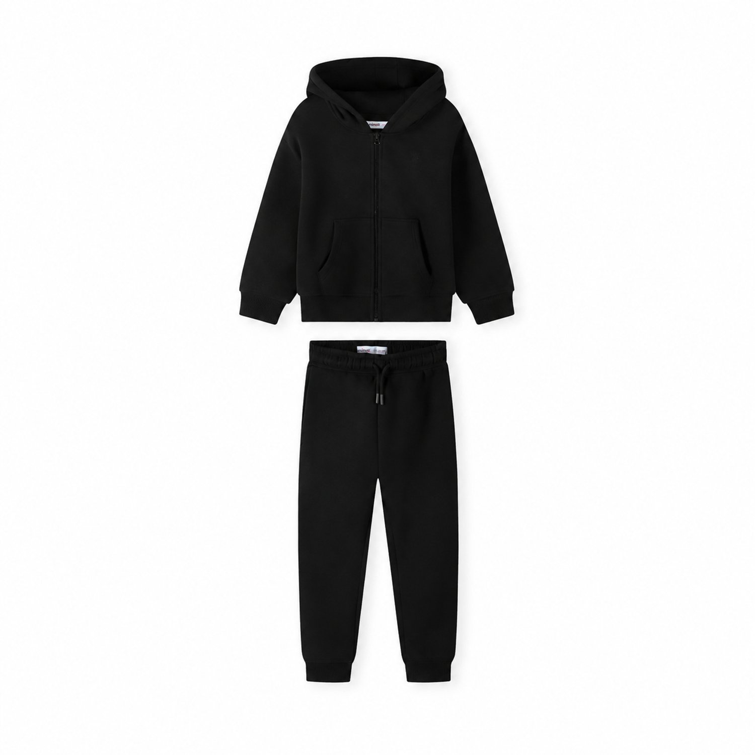 Minoti trainingspak jongens – ritsvest met capuchon – smalle broek – zwart