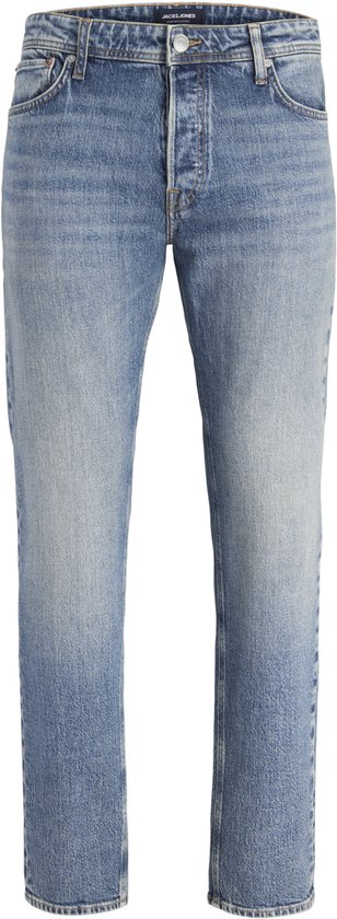 Voorkant van blauwe denim jeans met knoopsluiting en vijf zakken.
