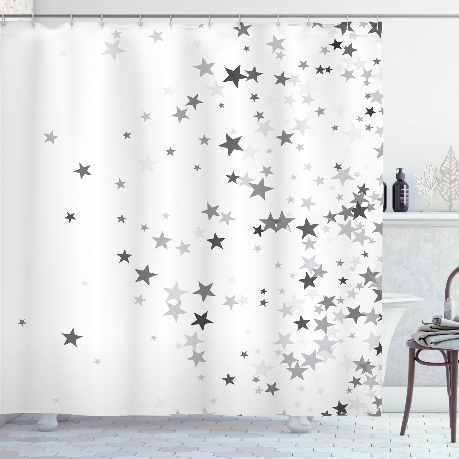 ABAKUHAUS Sterren Douchegordijn, Vallende Sterrenpatroon in Grijstinten, Feestelijk Geïnspireerd Design, Stoffen Badkamerdecoratieset met Haken, 175 B x 200 L, Grijs Lichtgrijs