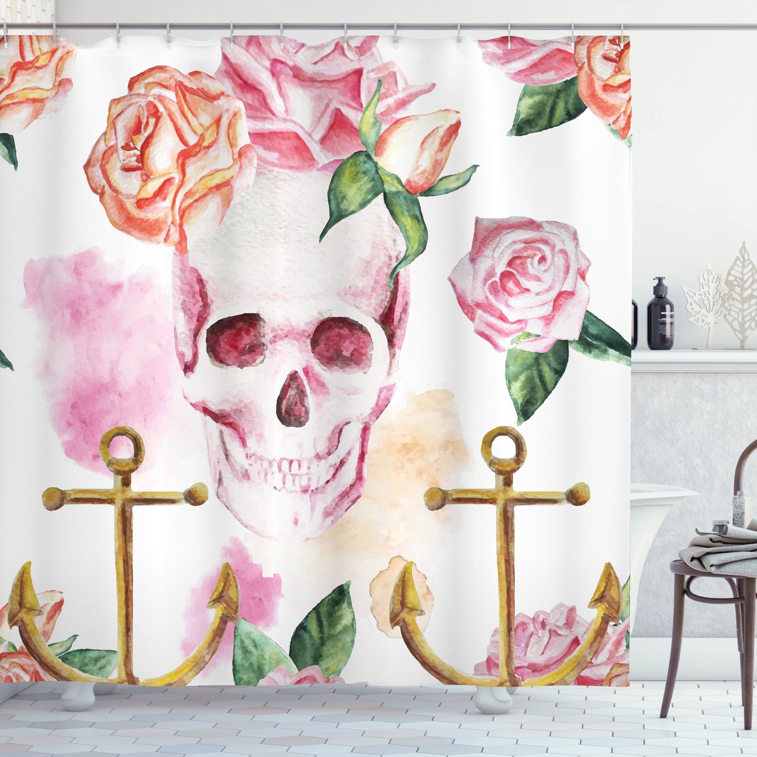 ABAKUHAUS Schedel Douchegordijn, Anchor Rozen Pioenroos Kunst, Stoffen Badkamerdecoratieset met Haken, 175 x 180 cm, Groen Wit Roze