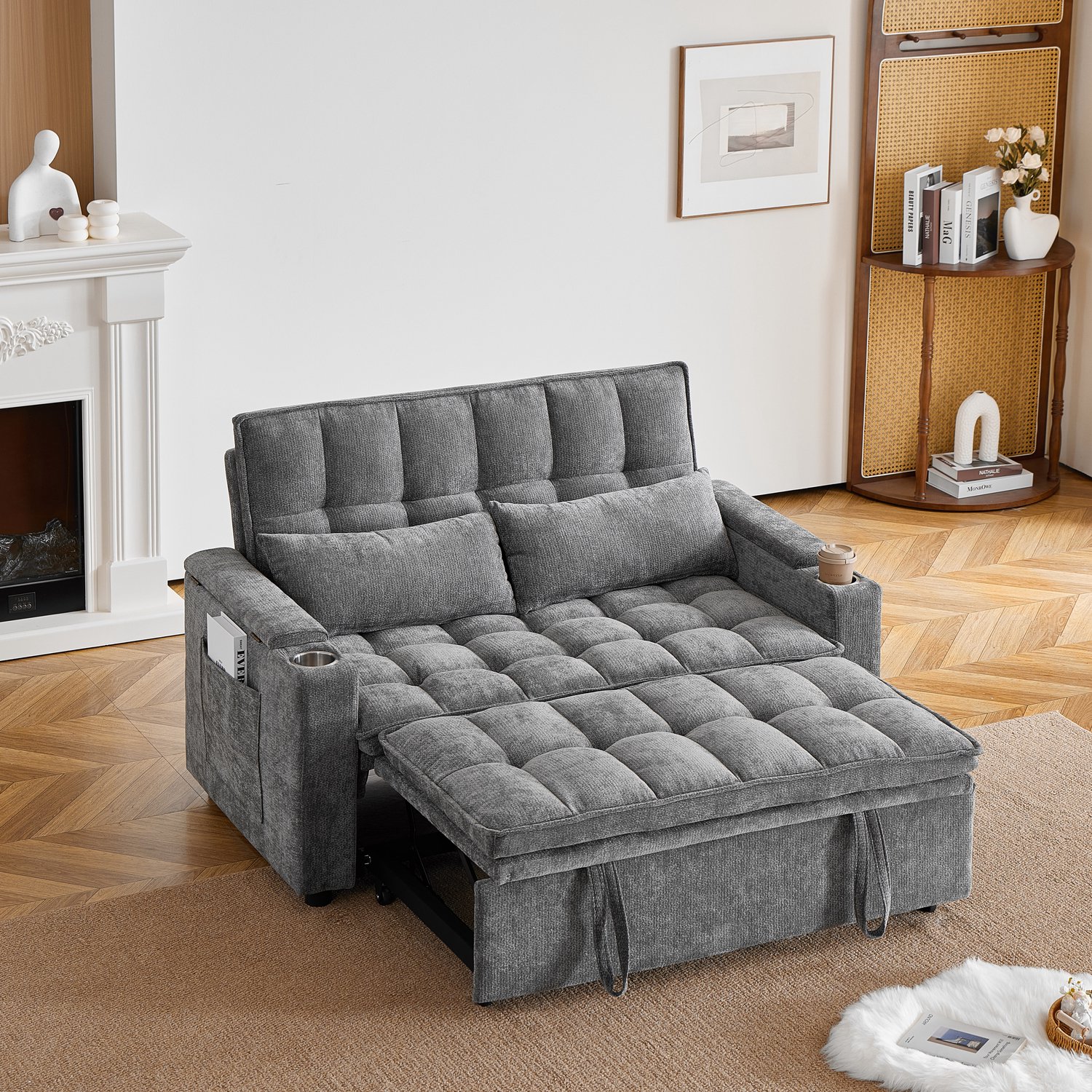 VVBV Slaapbank met Opbergruimte 142x89x89 cm – Slaapfunctie, Bekerhouders, Zijvakken, Cloud Design, 3-in-1, Armleuningen – Grijs