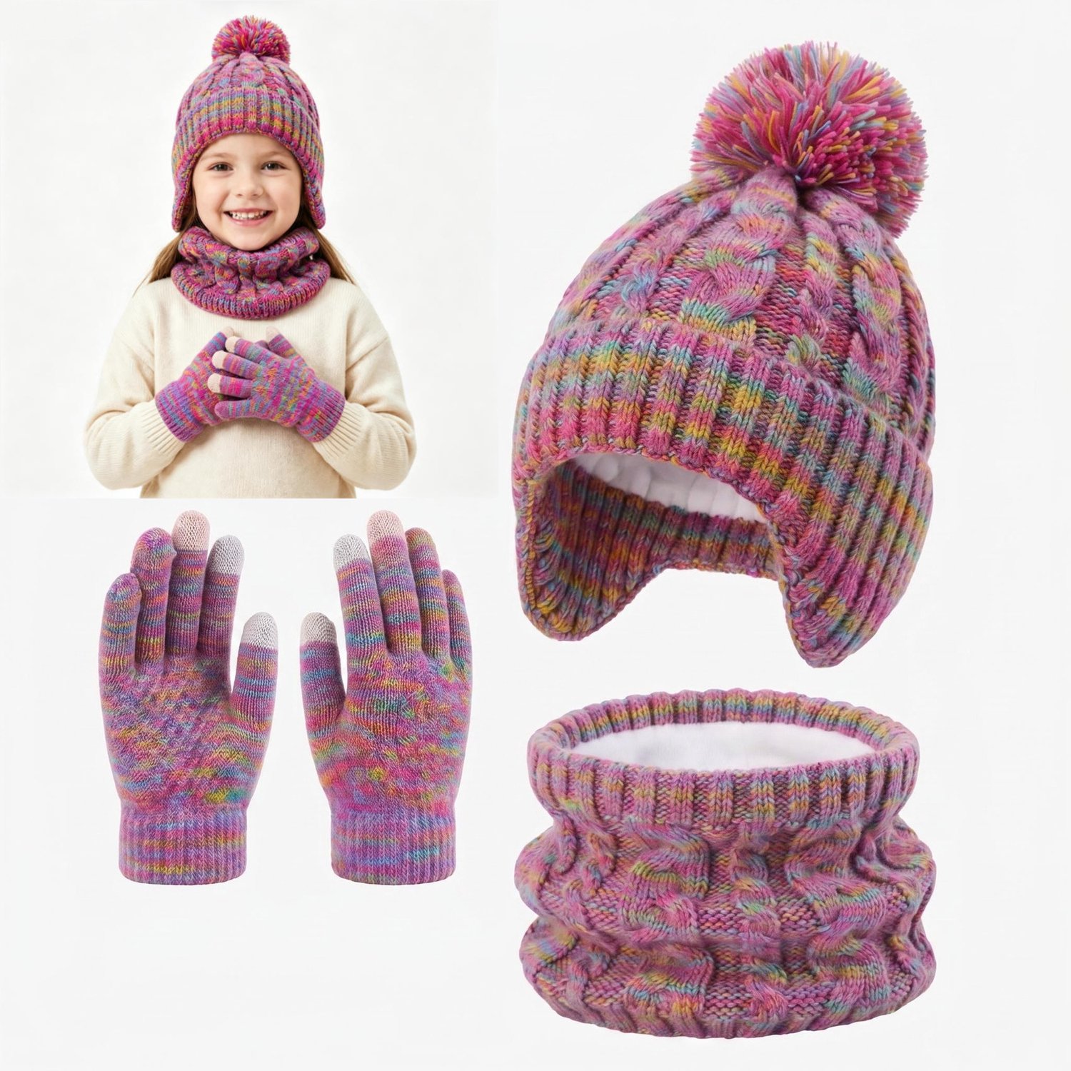 Winter Warm Fashion 3 stuks for kids- Muts + Nekwarmer + Handschoenen - Dikke gebreide pompon, muts, losse handschoenen met touchscreen, sjaalset