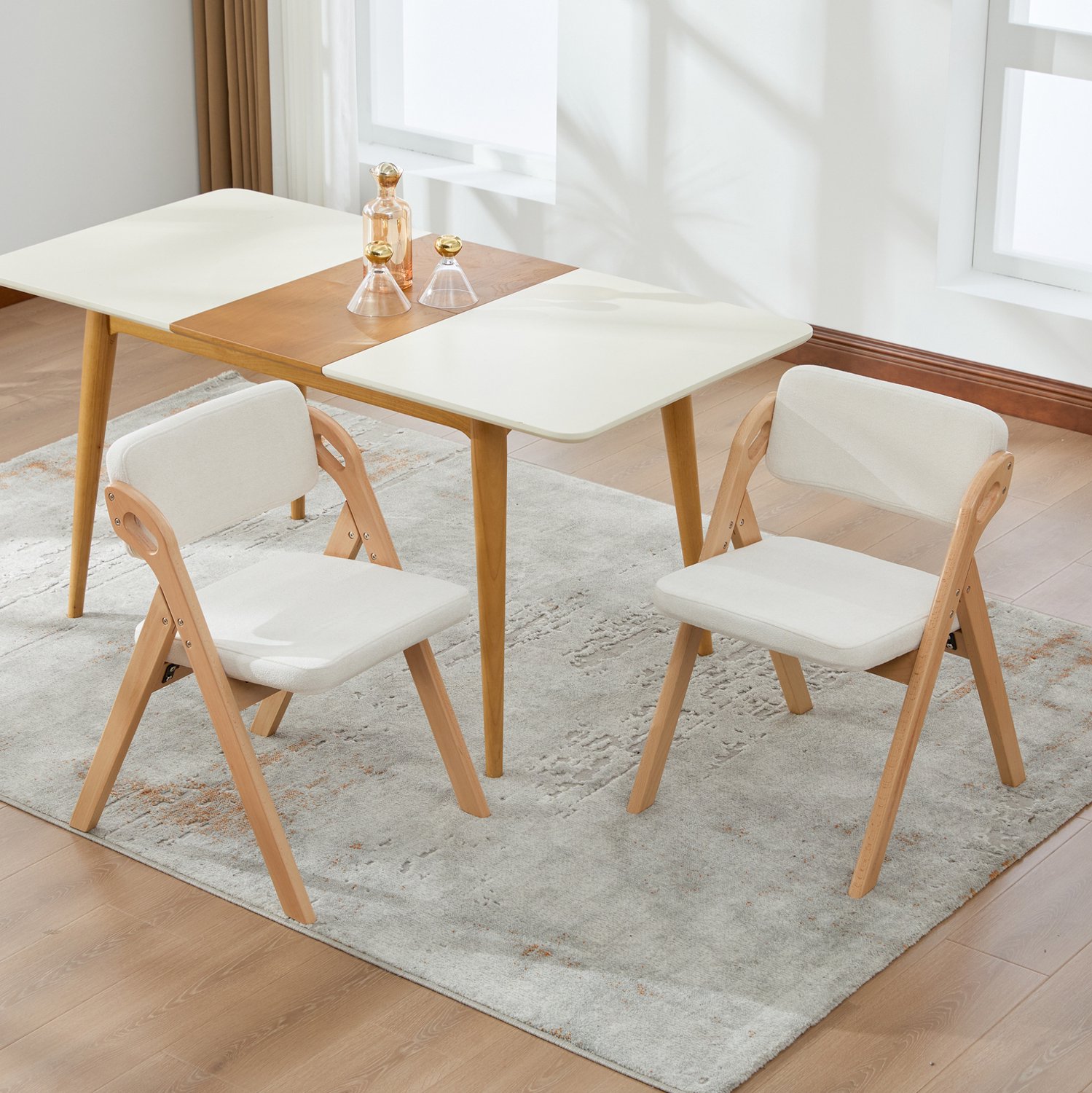 WUVRIE Opvouwbare eetkamerstoelen 59x52x77 cm - Set van 2 met gewatteerde stoffen zitting - Beige