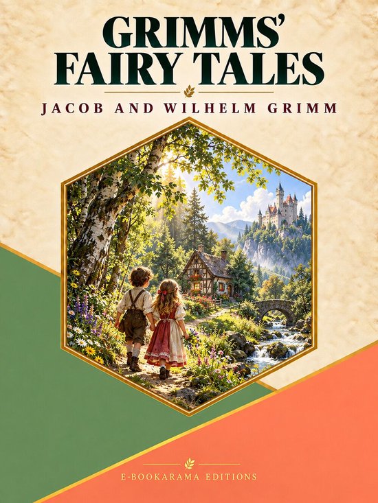 Boekomslag Grimms' Fairy Tales met een zeshoekige illustratie van twee kinderen in een bos bij een kasteel en huisje.