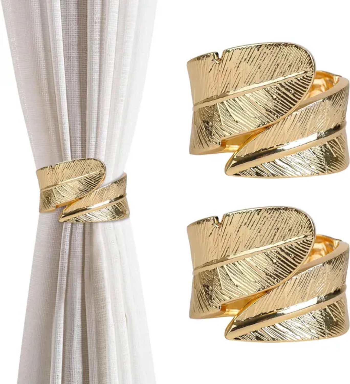 Gordijnclips – Gordijnhouders – Set van twee – Vorm van een veer – Metalen gordijnclips – Klassieke decoratieve gordijnclips – Goud