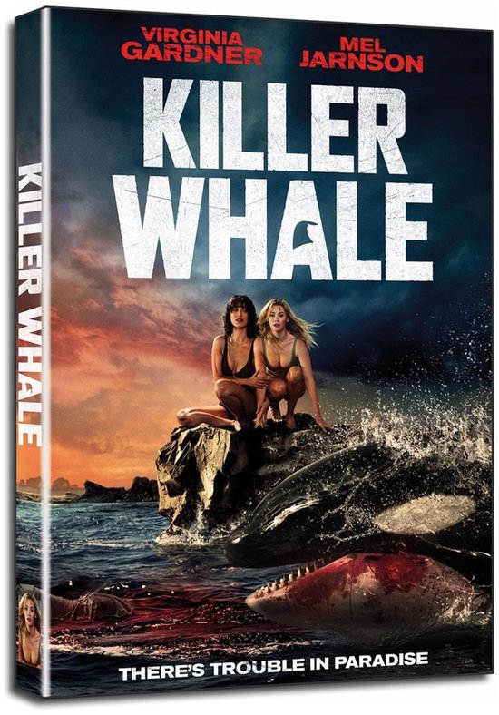 Dvd-hoes van Killer Whale met twee vrouwen op een rots in de zee, omringd door een orka en een bloederige haai.
