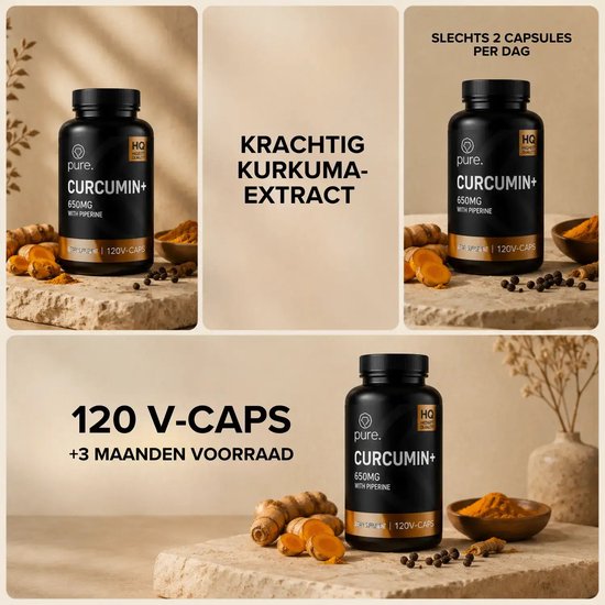 Collage met Pure. Curcumin+ capsules, vermelding van 120 V-caps, 3 maanden voorraad en krachtig extract.