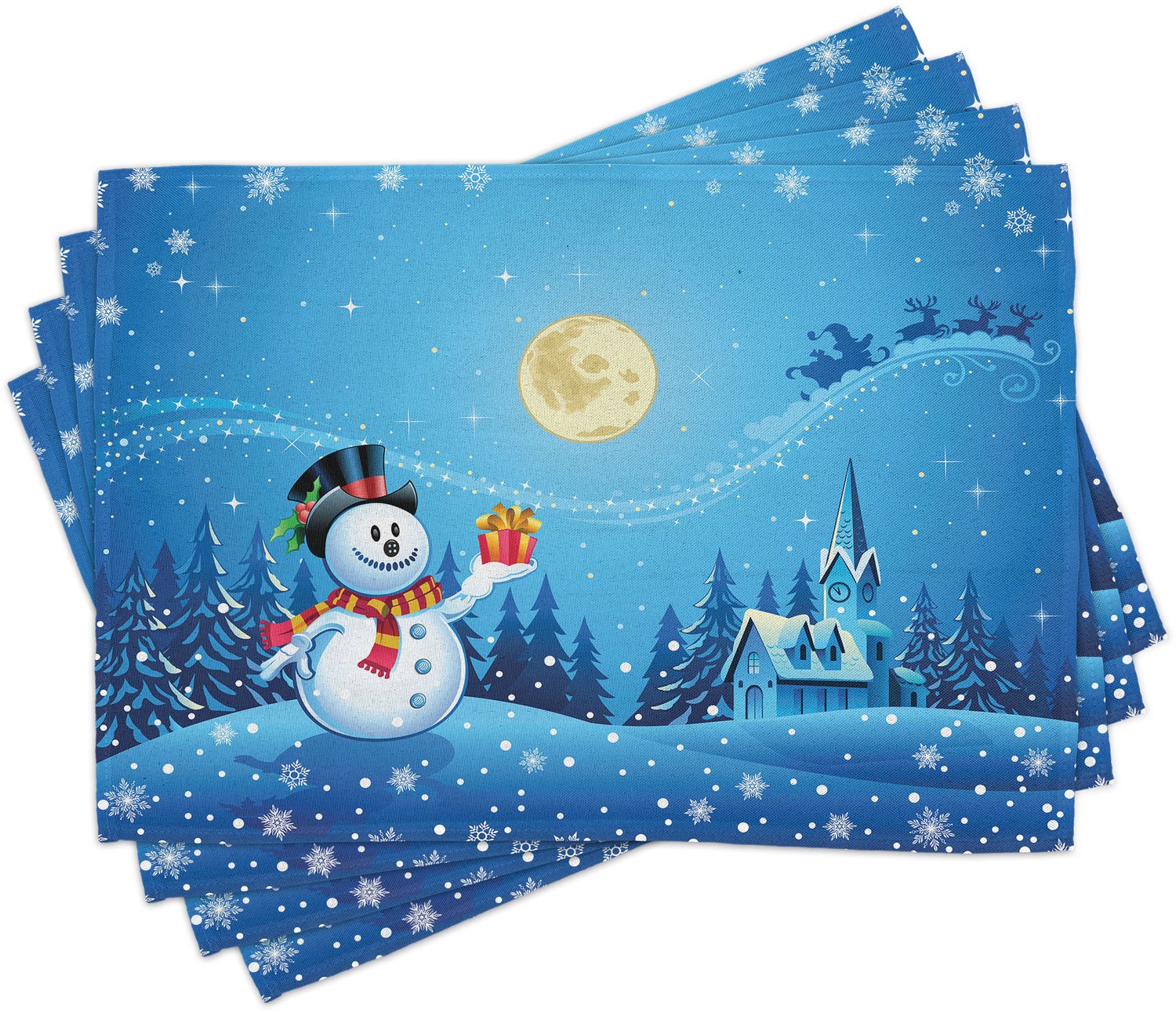 ABAKUHAUS Kerst Placemats Set van 4, Sneeuwman Krijgt de Cadeau van Kerstman Claus in Winter Nacht Maanlicht Illustratie, Wasbare Stoffen Placemats voor de Eettafel, Standaardformaat, Blauw Geel