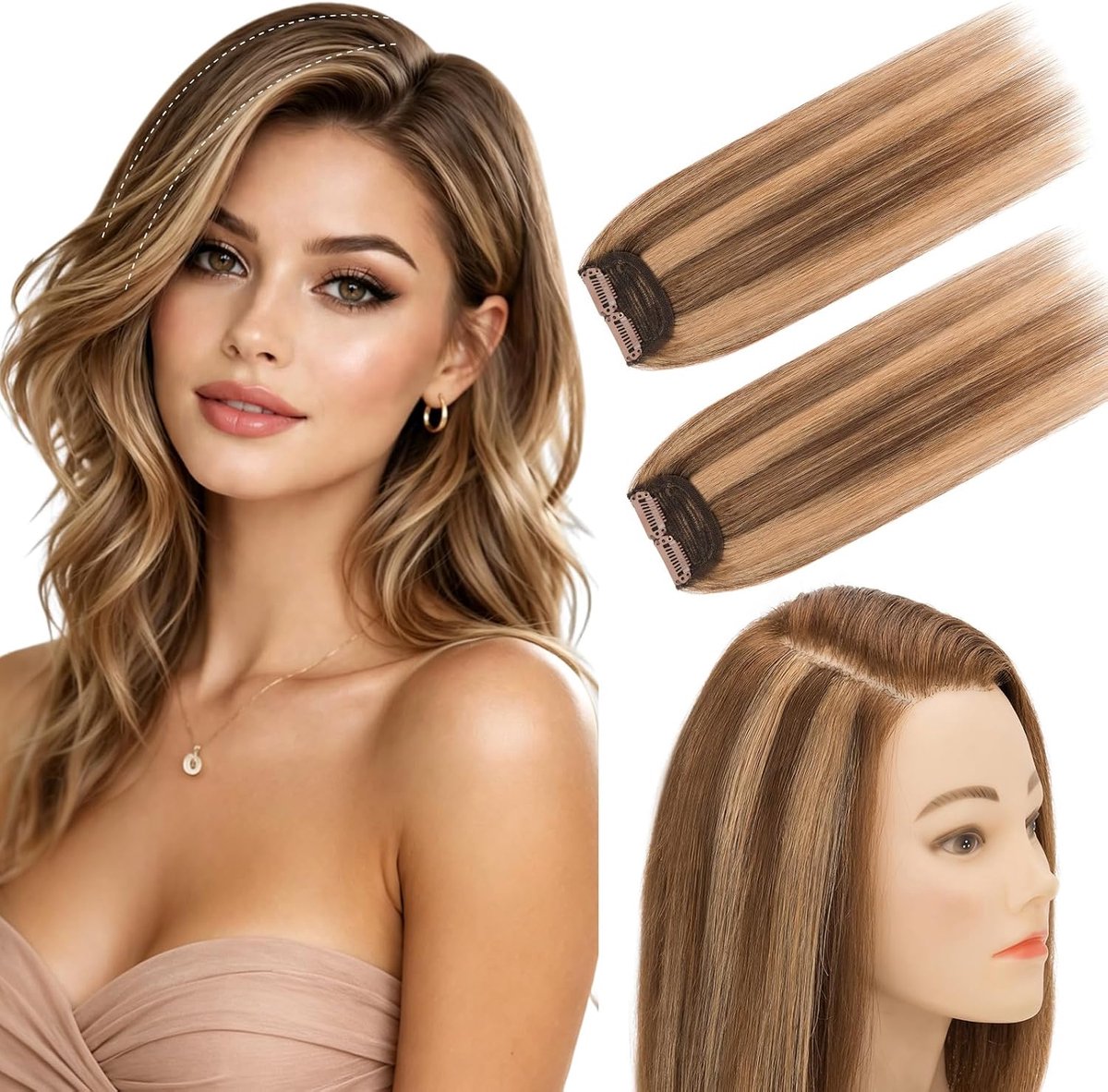 Clip in Extensions Echthaar Silk Lace Tressen 2Stücke Haarverlängering Haardelen 28g 25cm Volumineuze Aanzetten #4P27 Middelbruin mix Honingblond