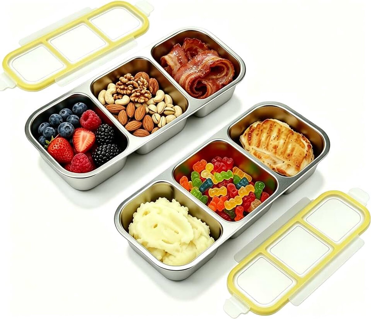 Snackbox met 3 vakken, roestvrij staal, lekvrije levensmiddelen, snackbox | 600 ml opbergcontainer met 3 aparte vakken en luchtdicht deksel, perfect voor kantoor, school, picknick en reizen