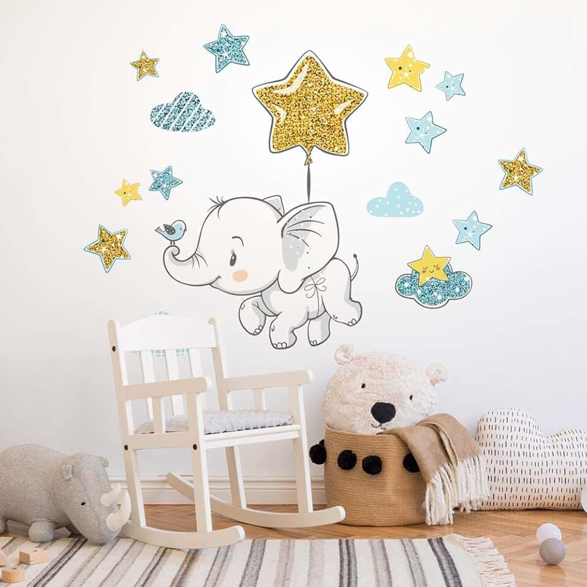 Kina - R00548 Muurstickers Baby en hypoallergene zachte Verplaatsbare Stof effect Babyolifant op de maan Pasgeboren Wanddecoratie Kinderkamer Zelfklevend Behang