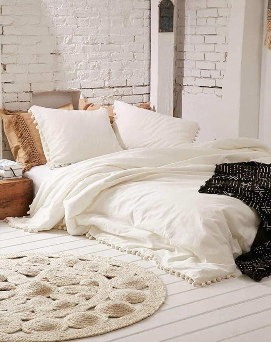 Dorm Decor Off White Doona Dekbedovertrek Pom Pom Mandala Trooster Cover Hippie Beddengoed Sheet Quilt Cover met 2 Kussens 2 Kussens Set (King 230x220cm (90 inch x 86 inch)