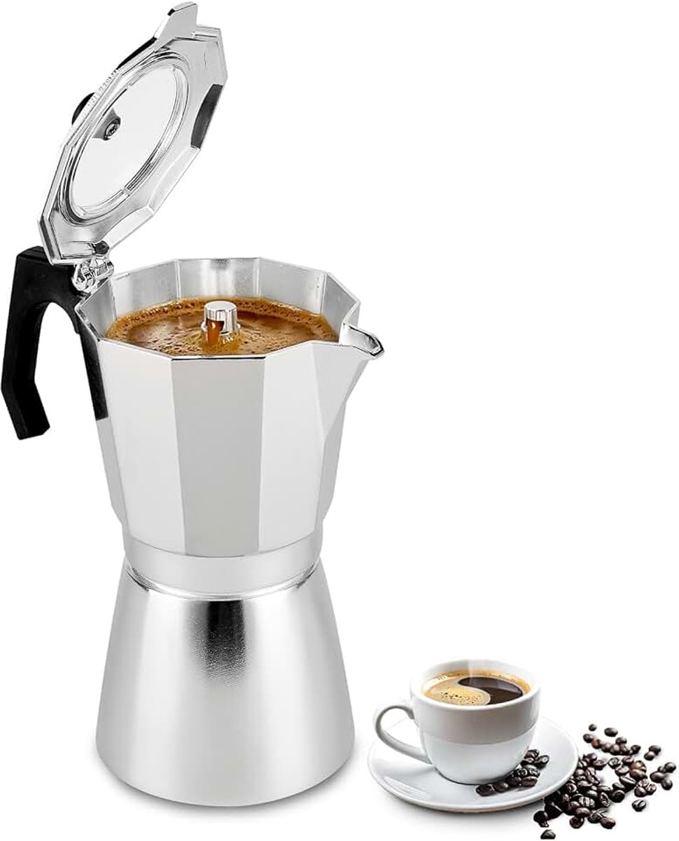 Aluminium Mokkakan voor 9 Kopjes, Transparant Deksel, Espressokan 450 ml, Niet Geschikt voor Inductie, Hittebestendige Handgreep, Koffiezetter voor Thuis en Kamperen