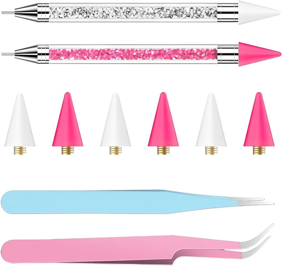 10-delig strasskiezergereedschapsset, dubbelzijdige waspen voor strass met 6 vervangende wastips en 2 pincetten, professionele bedazzle-gereedschapsset voor nagelkunst, diamantschilderen