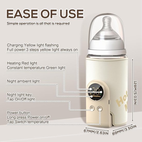 Draagbare fleswarmer, draadloze USB fleswarmer, LED-display, 6 temperaturniveaus 38-50 °C, 8000 mAh elektrische fleswarmer voor moedermelk, 24-uurs isolatie voor auto en reizen van Merkloos — afbeelding 4