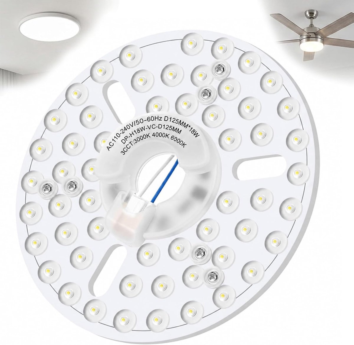 18 W led-module ombouwset voor plafondlampen, magnetische houder, rond, solide plafondlamp, vervangvorm, 3 lichtkleuren, dimbaar, 3000 K/4500 K/6000 K, voor eetkamer, slaapkamer, 100-240 V