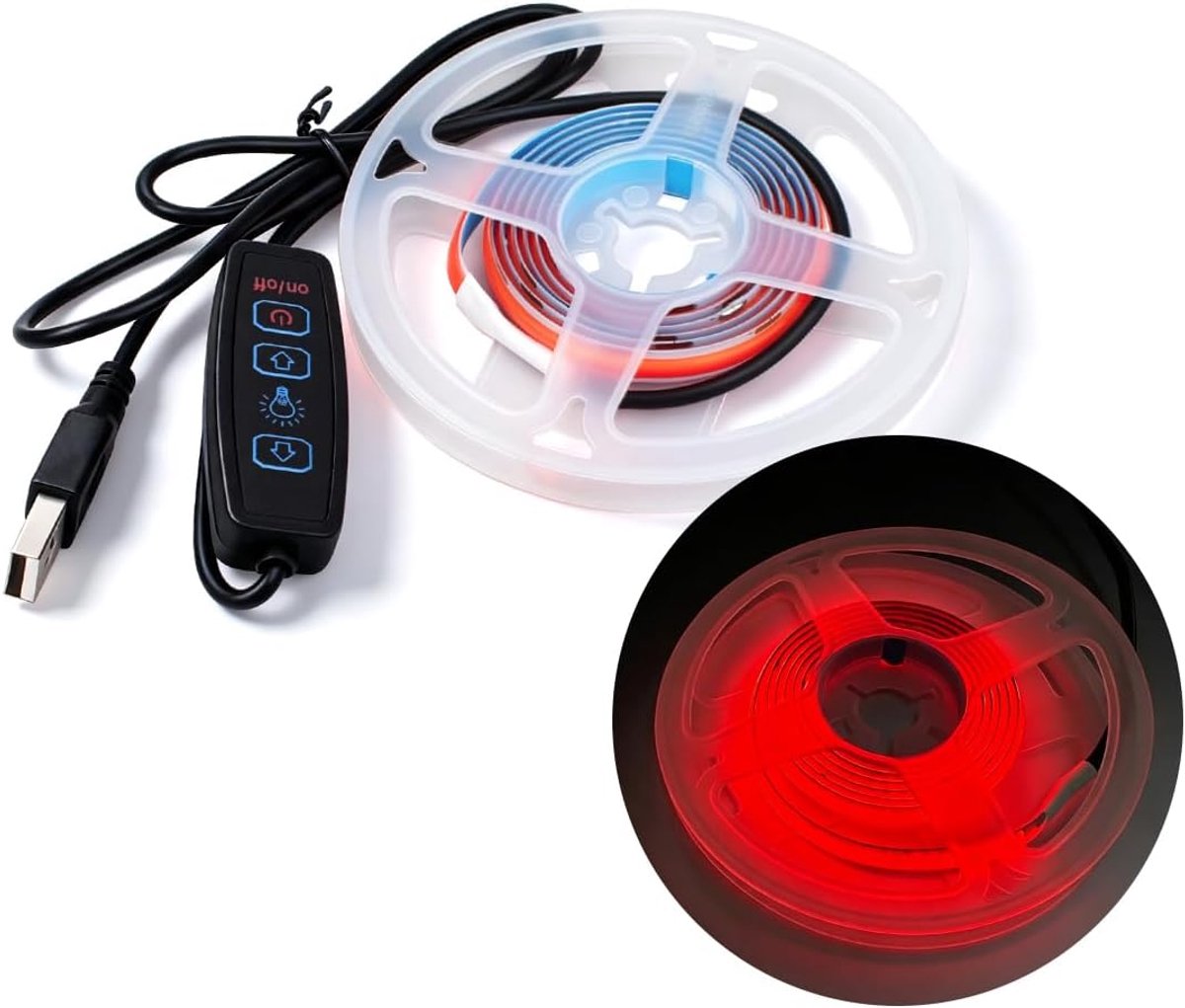 1M COB LED lichtstrook, 8mm breedte 5V rode 320LEDs / m lichtstrook, USB-connector met dimknop