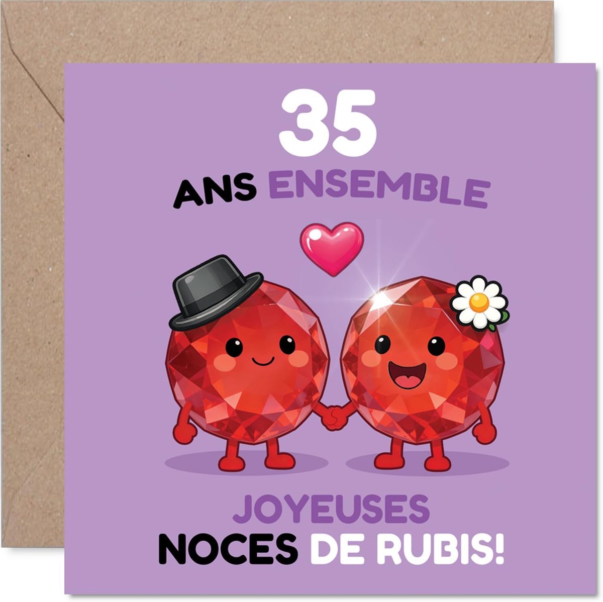 Carte d'Anniversaire de Mariage 35 Ans - 35 Ans d'Amour Célébrés - Deux Cœurs Joyeux Façon Gemmes Rouges Main dans la Main - 145 mm Carré, Enveloppe Incluse