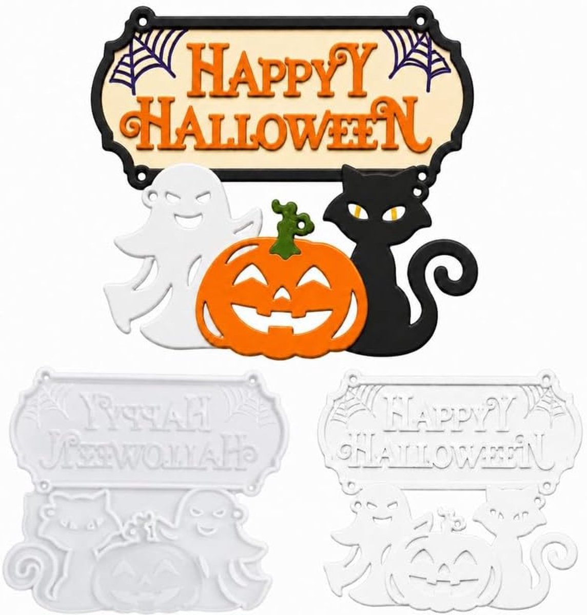 Gietvorm Happy Halloween Tweedelige Muurhanger Mal Van Siliconen Met Kat Geest Pompoen Veelzijdige Halloweendecoratie Geschikt Voor Epoxyhars Gips Decoratiewas Voordeur