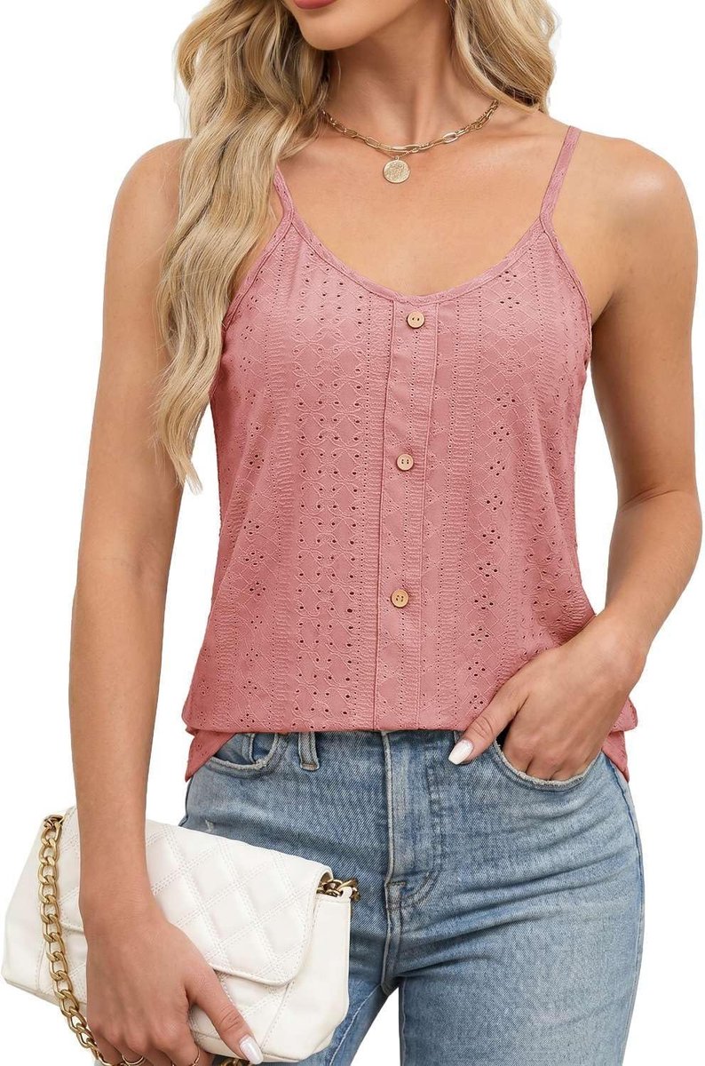 Tanktop voor dames met V-hals, verstelbare bandjes met retro-knoopdetail, ademende zomertop voor business en vrije tijd, nauwsluitende blouse voor dames