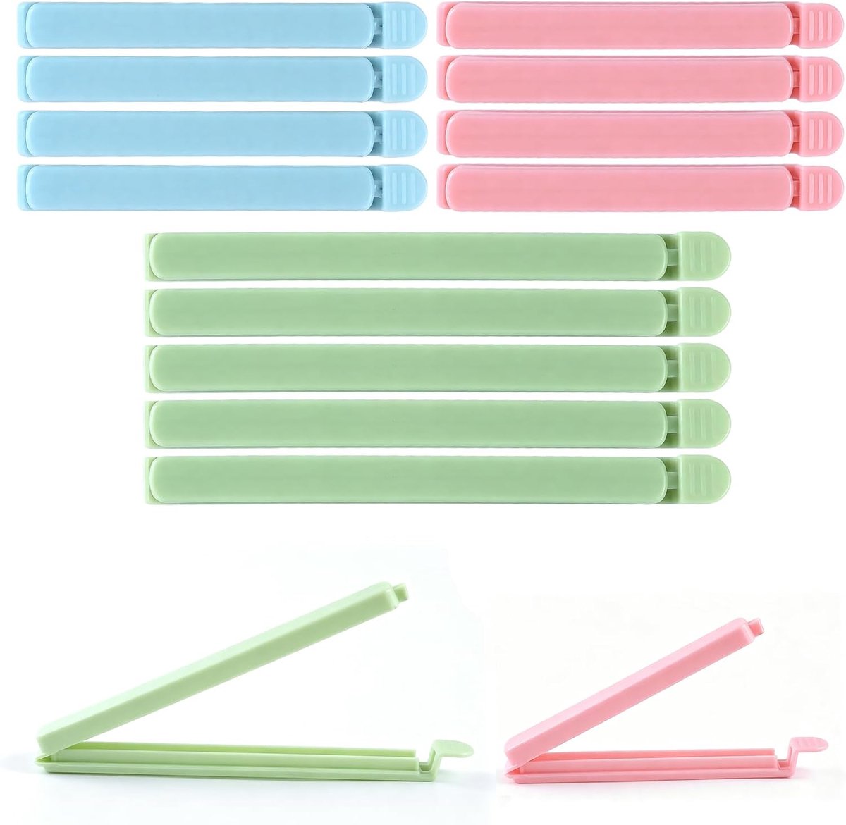 15 stuks voedselclips, plastic voedselzakclips, herbruikbare zakclips voor voedselopslag, kleurrijke afdichtingsclips voor snack, koffie, huis, keuken, reizen, camping (12 cm, 15 cm)