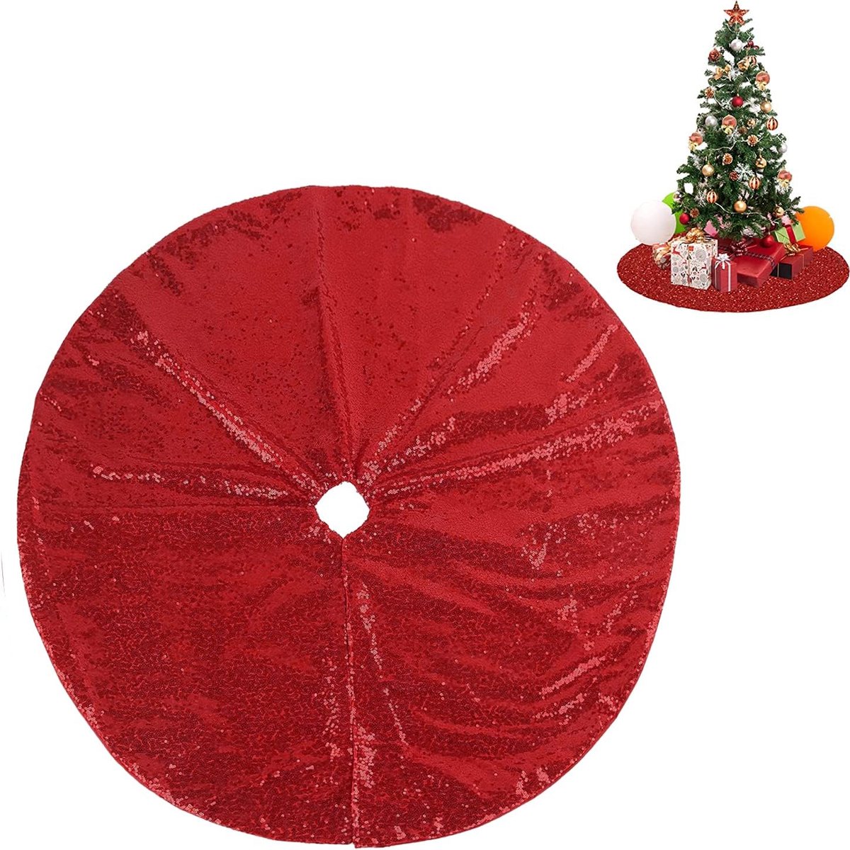 Kerstboomrok voor kerstdecoratie, paillettentapijt voor kerstboomdecoratie, 90 cm (rood)