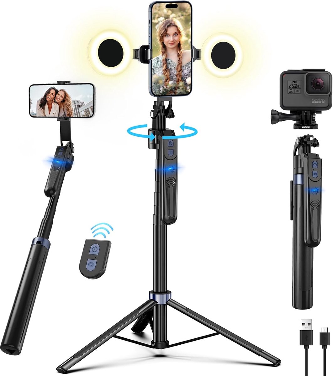Statieven voor smartphones, 360 graden draaibare telefoon camera houder met invullicht, iPhone en Android-compatibele telefoon houder voor reizen, video-opname
