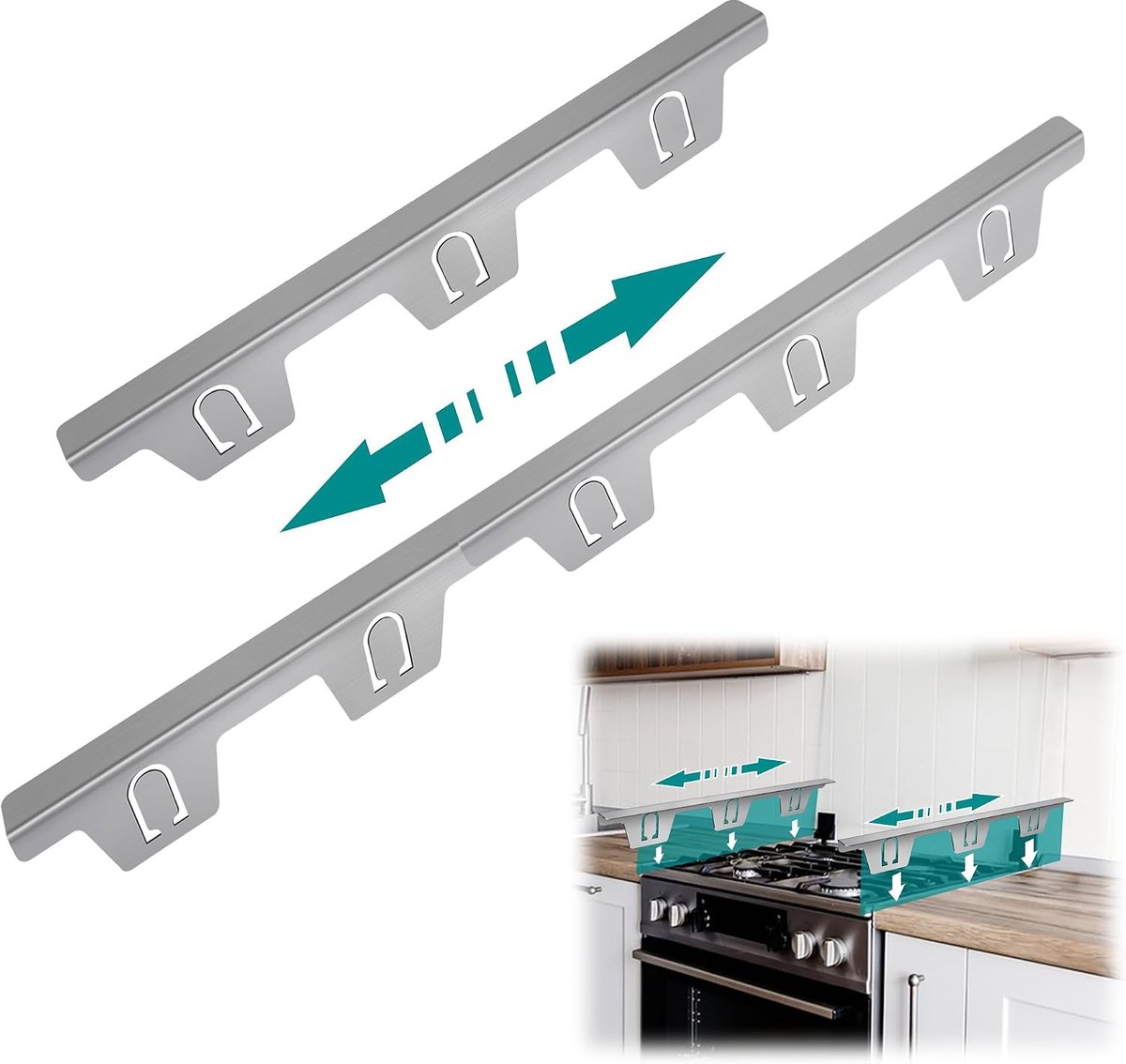 Van 4 roestvrijstalen afdekkingen, voor in de keuken, intrekbare lengte 365 mm tot 730 mm (zilver)