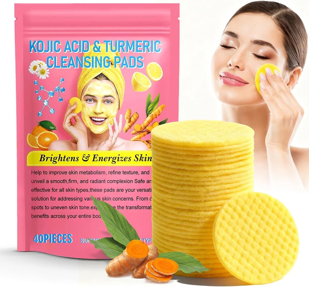 Reinigingsschijven met kurkuma en kojiczuur, 40 stuks, kurkuma, kojiczuur, exfoliërende pads, reiniging en peeling, voor bruine vlekken en hyperpigmentatie