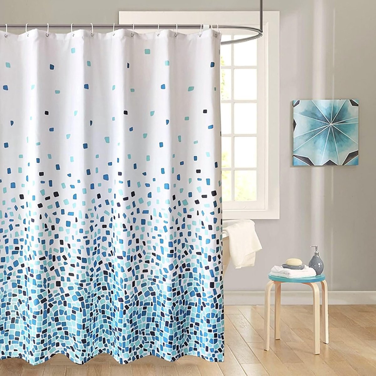 Douchegordijn van waterdicht polyester, blauw-wit mozaïekpatroon, 12 kunststof haken inclusief (180 x 200 cm), badkamergordijn, schimmelbestendig