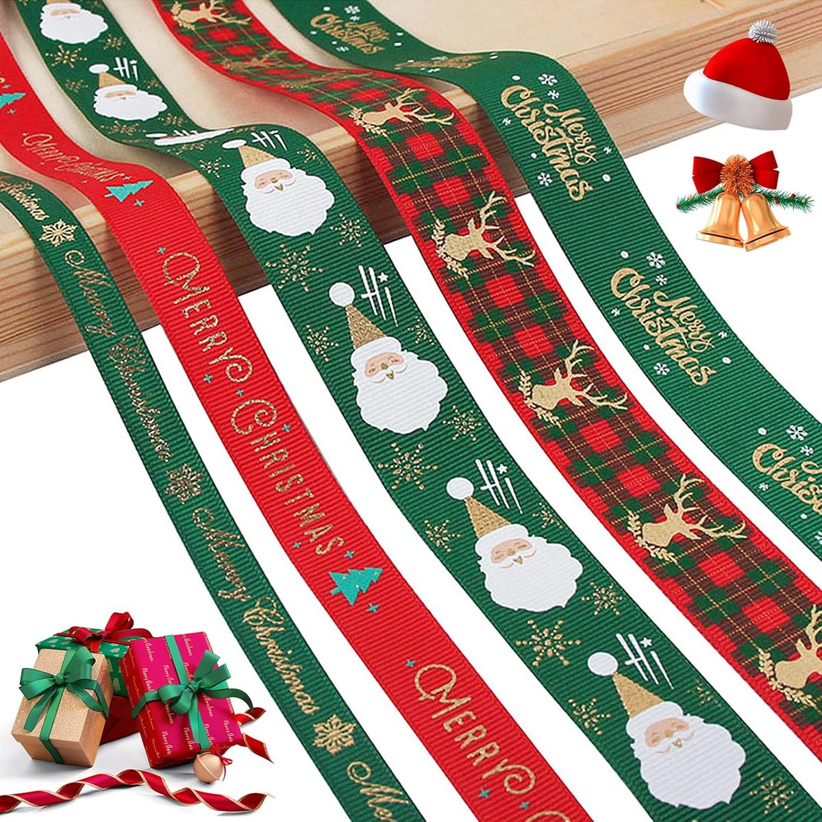 5 Stuks Kerstlint, Kerstgrosgrain Bedrukt Lint, Kerstlinten voor Geschenkverpakking, Decoratief Lint voor Kerstdecoratie, Rood & Groen Kerstlint, Voor Kerst- en Kerstboomversiering(91 cm)