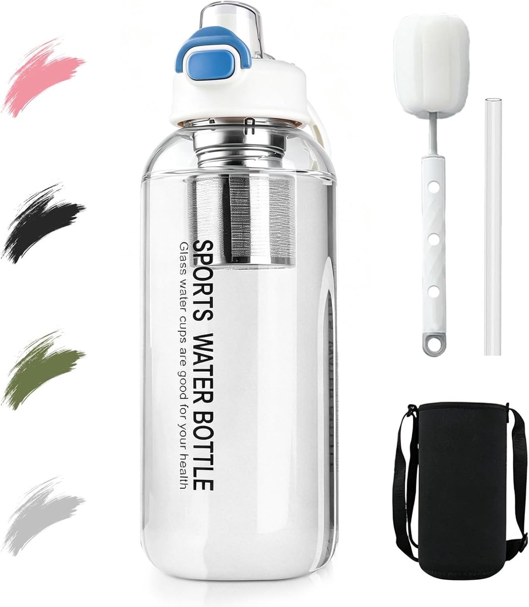 Glas, 1,5 liter, met rietje en theezeef, grote borosilicaatglazen fles, lekvrij, herbruikbare waterfles voor sport, kantoor, school, fitness en camping, wit, 1000 ml