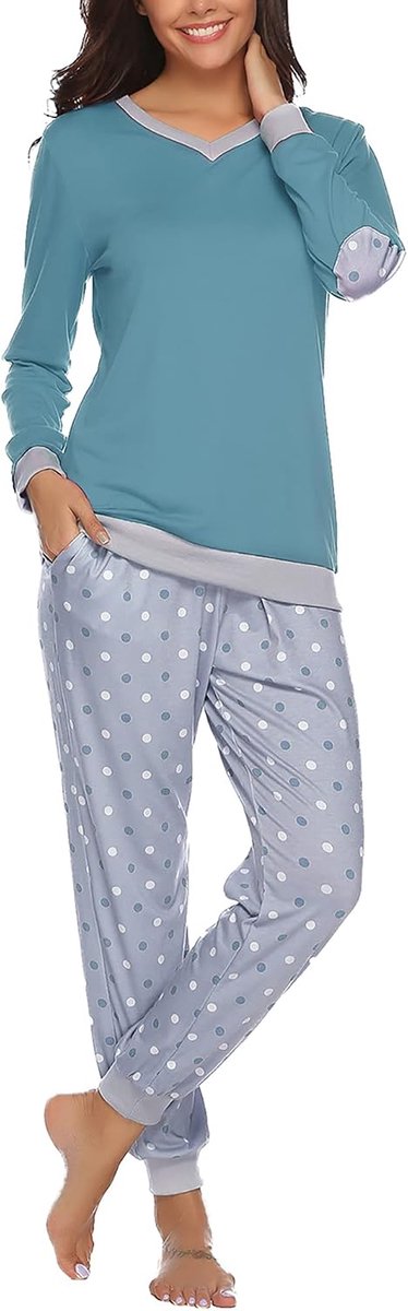 Lang, V-hals, winter, nachtkleding, tweedelig, sexy sleepwear, lange mouwen, met knoopsluiting, uniforme stijl, Style1 lichtblauw, M