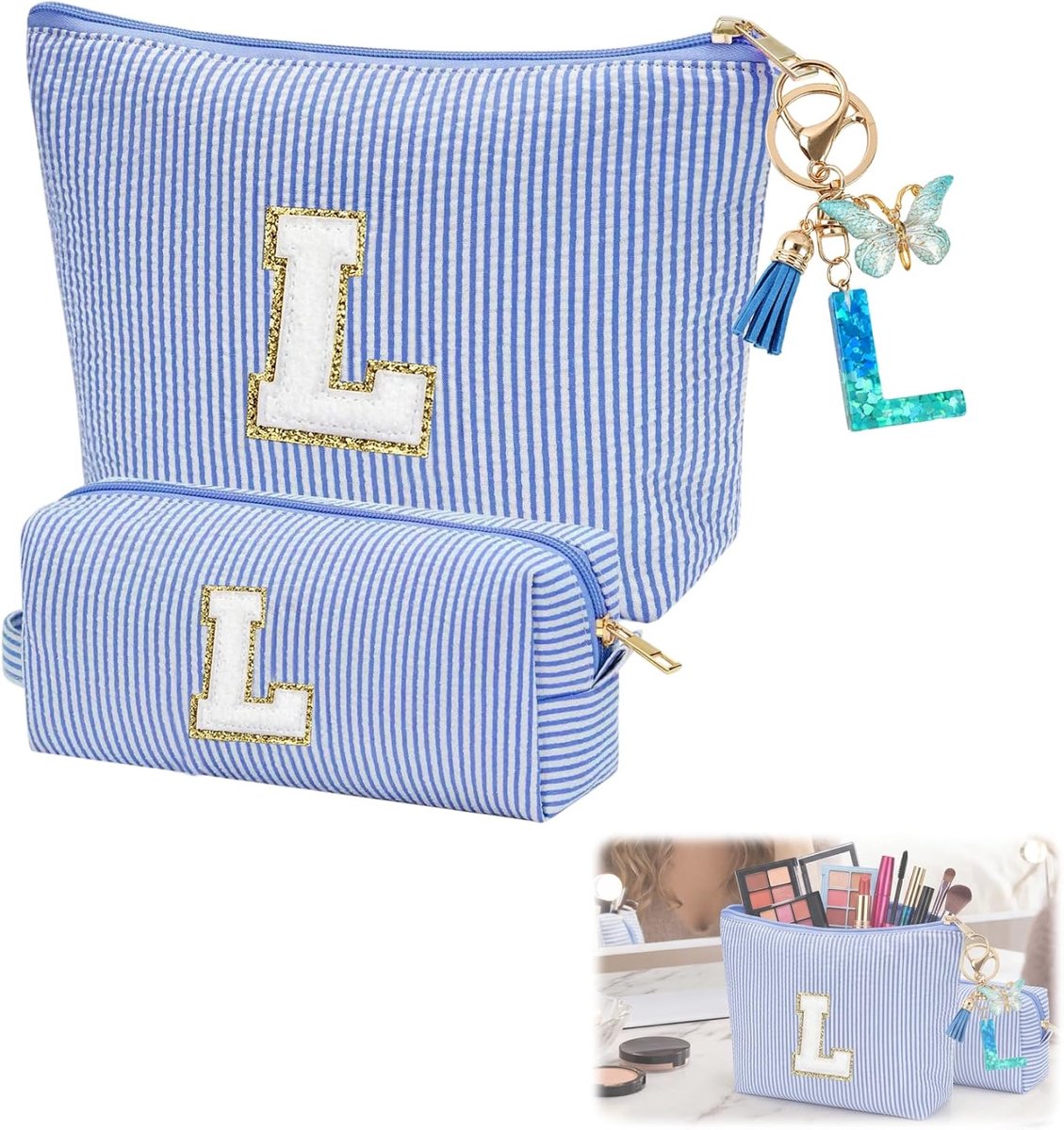 Toilettas voor dames, make-uptas voor dames, personaliseerbaar, blauw, met sleutelhanger vlinder en initiaal pompon, toilettas en make-up voor meisjes (L)