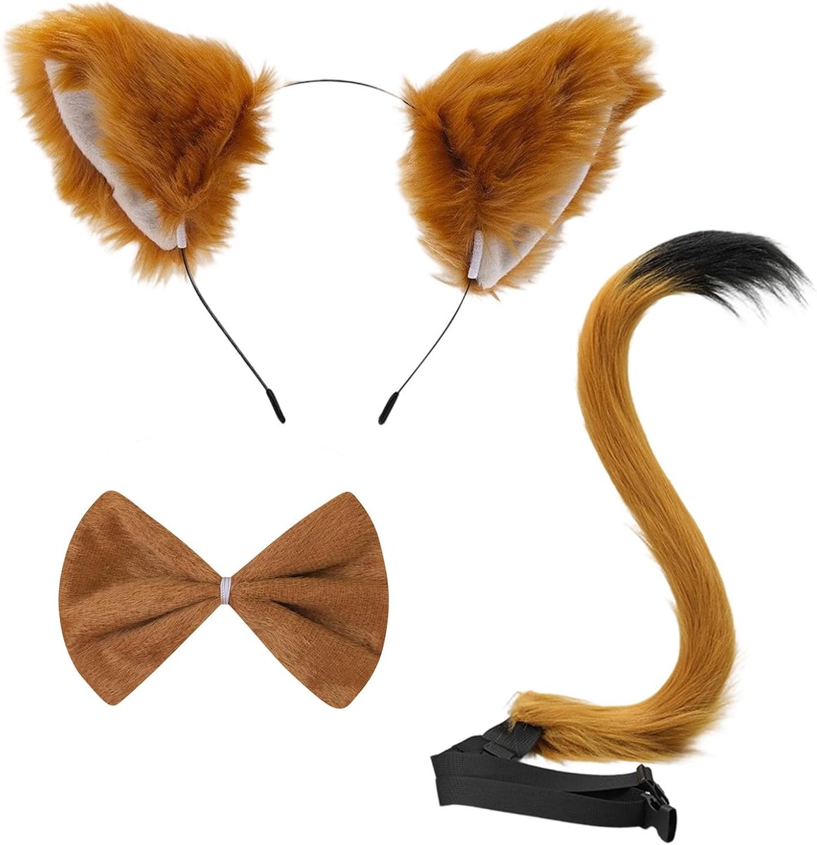 3-delig vossenkostuum, dierenkostuum met vossenoren-hoofdband, staart en stropdas voor volwassenen, voor carnaval, Halloweenfeest, cosplay, dierenverkleedkleding, bruin