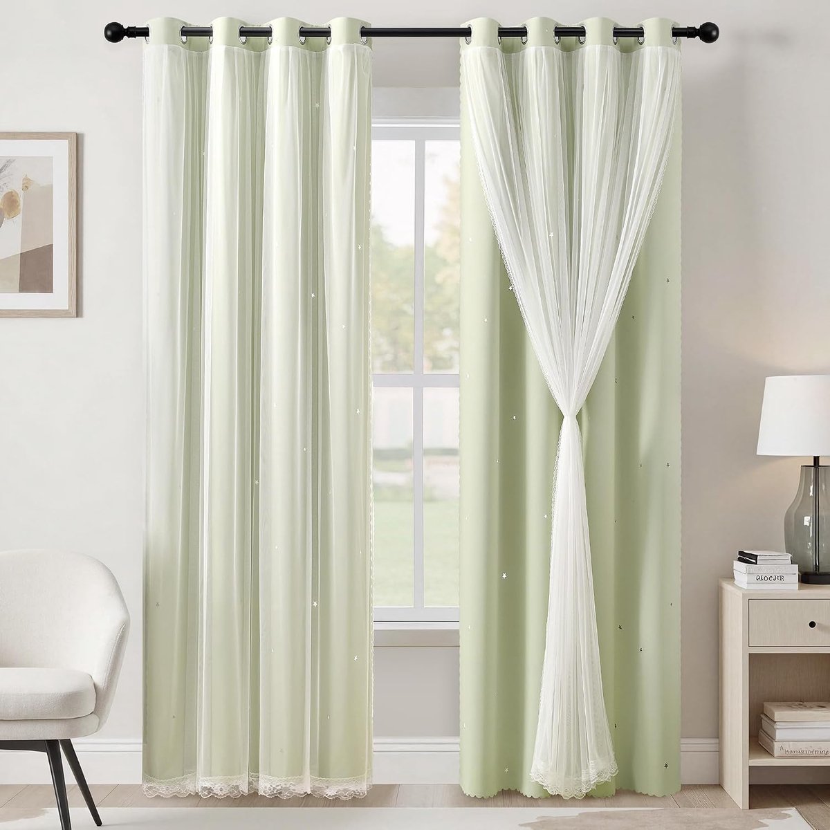 Verduisteringsgordijn voor slaapkamer dubbellaags 132 x 244 cm van polyester met voile sterrendesign schuifdeur meerkleurig saliegroen/132/244