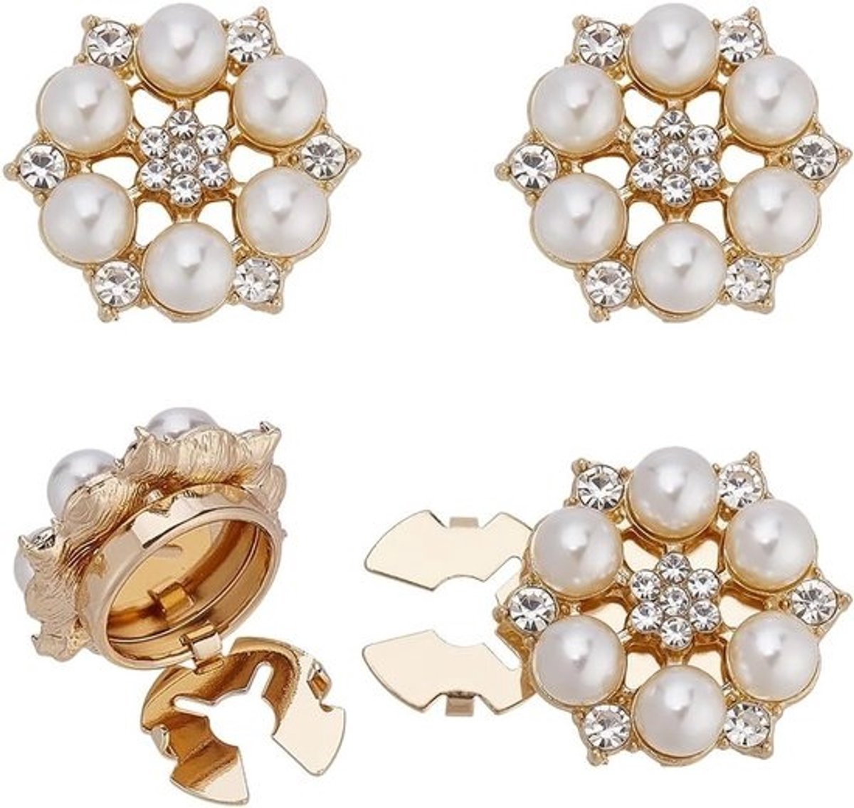 4 stuks rhinestone-knopbedekking - lichtgoud, bloemvorm met plastic kralen voor bruiloften en kostuums