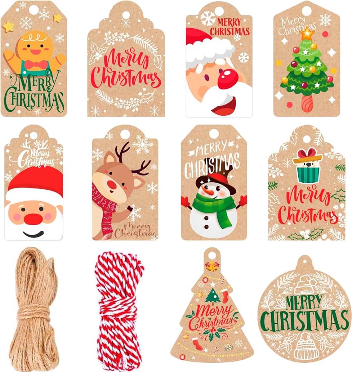 Kersthangers, 100 stuks, cadeauhangers, Kerstmis, cadeaulabels, kraftpapier met jute koord, kraftpapier, etiketten voor geschenken, decoratie