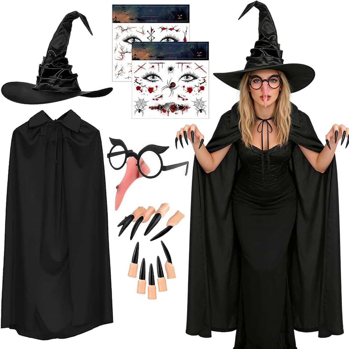 Heksenkostuum voor dames, carnaval, heksenkostuum, accessoires met heksenhoed, cosplay, maskerade