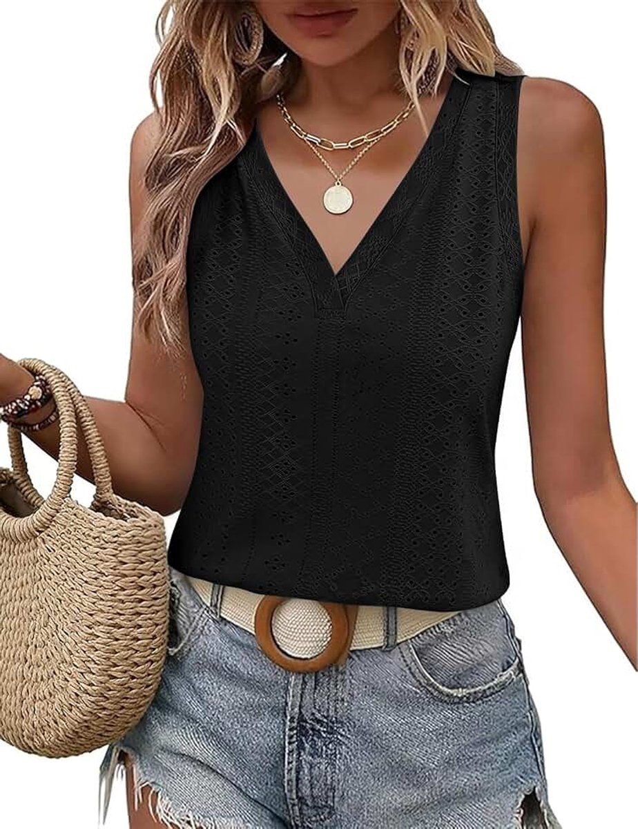 Heekpek Vest tops vrouwen V-hals mouwloze tops zomer tank tops dames elegant oogje borduurwerk hemdje vest casual losse pasvorm blouse shirt