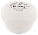Proraso scheerzeep in ronde witte pot met grijs en wit logo. "SAPONE PELLI SENSIBILI ANTI-IRRITAZIONE".