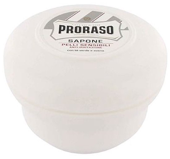 Proraso scheerzeep in ronde witte pot met grijs en wit logo. "SAPONE PELLI SENSIBILI ANTI-IRRITAZIONE".
