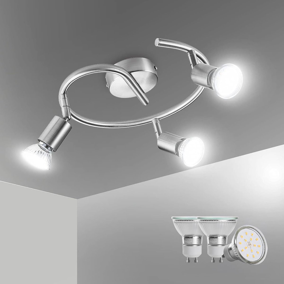 Plafondstrahler 3 Vlamlamp, LED Strahler Schuine Plafondlamp Matt Nikkel, Incl. 3x6W Plafond GU10 Spot, Modern Licht voor Keuken Woonkamer Gang Interieur Plafond Kantoor, Neutraalwit