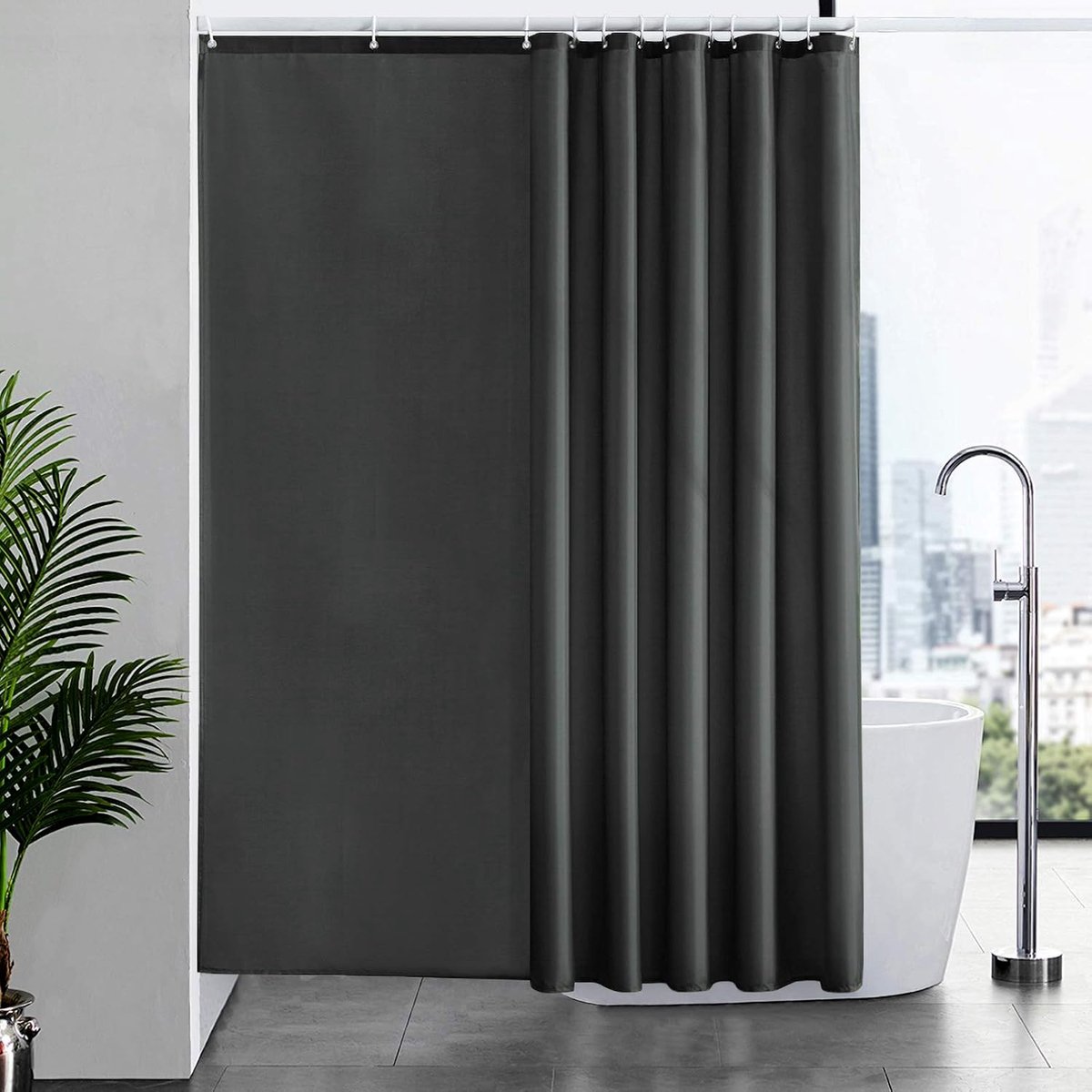 Douchegordijn, schimmelbestendig, polyester, wasbare stof, groot, waterdicht, voor badkuip, badkamer, met 12 haken en oogjes, donkergrijs, 200 x 200 cm