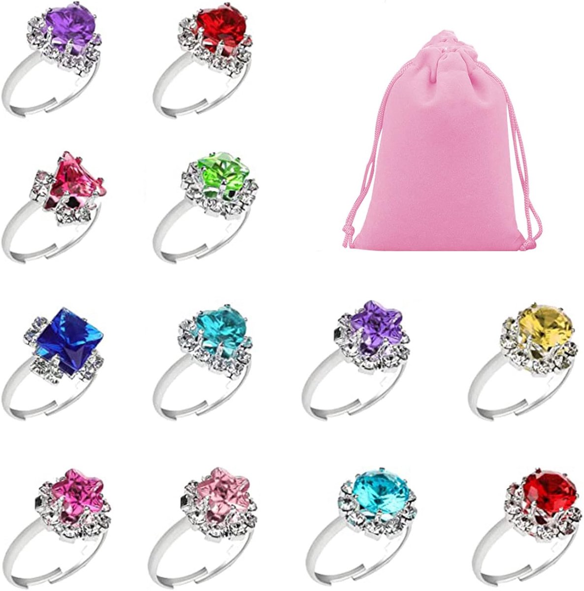 Ringen, kinderringen, prinsessenset, verstelbare ringen voor meisjes, met 1 roze opbergtas, meisjes pretend spelen en verkleedringen voor kinderen, 12 stuks, Kunststof