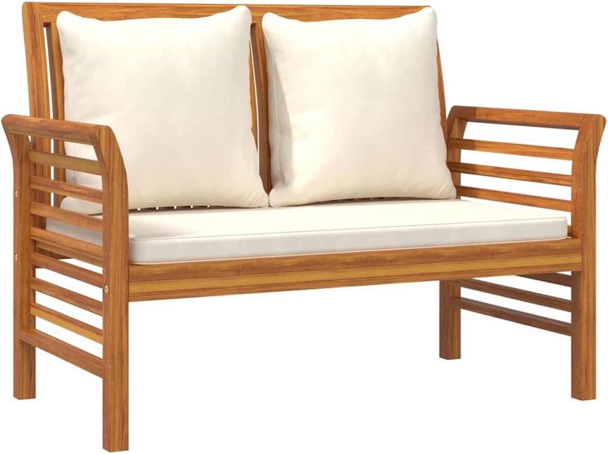 Sofabank met crèmewit kussen, zitbank, balkonmeubel, tuinlounge, bank, balkon, bank, outdoor, tuin, tuinmeubelen, set, loungemeubel, balkonbank, massief hout, acacia