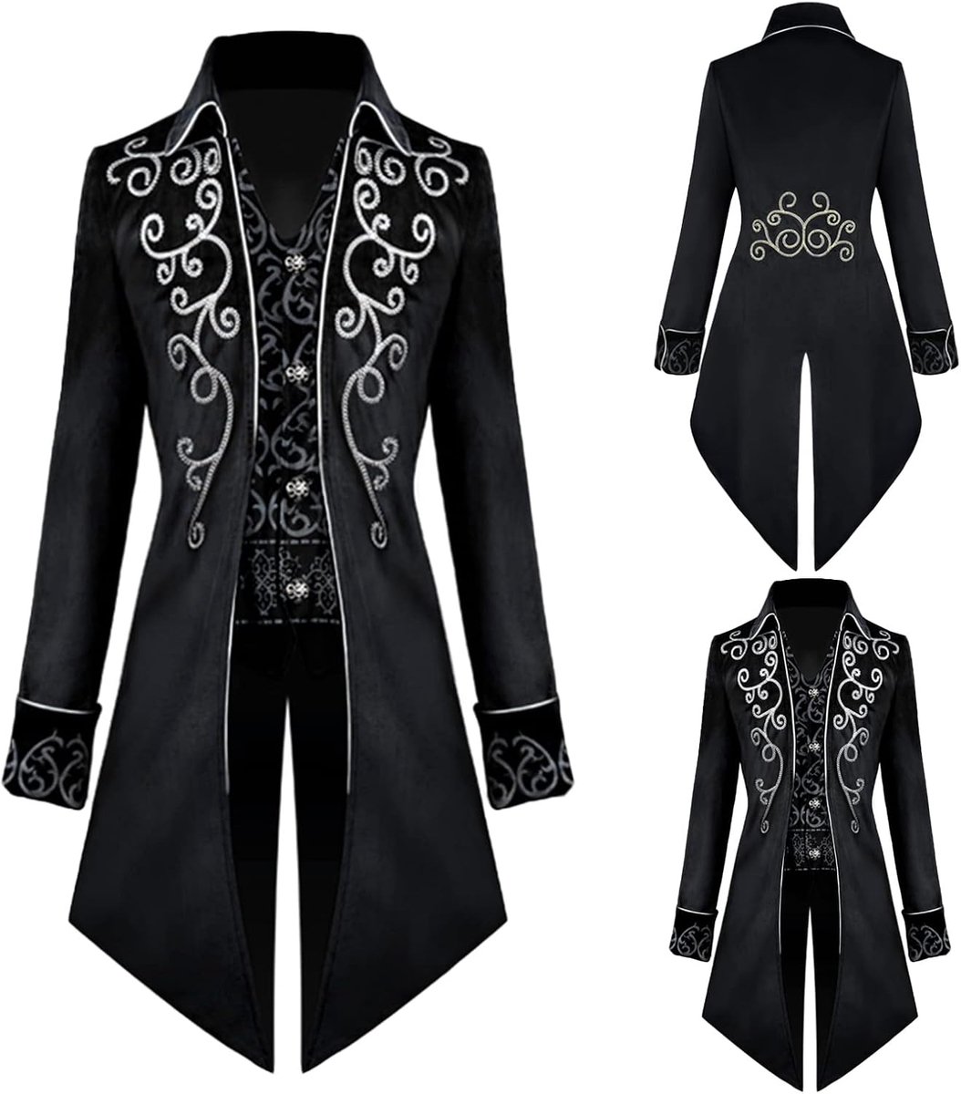 Vintage jas voor heren, middeleeuws gothic fluwelen borduurwerk jas jas Victoriaanse geklede uniform voor steampunk-thema en dansfeest, Halloween