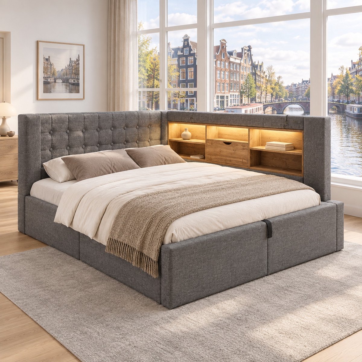 WUVRIE Gestoffeerd bed 140x190 cm met ledverlichting, hydraulische opbergruimte en L-vormig hoofdbord en lattenbodem, grijs