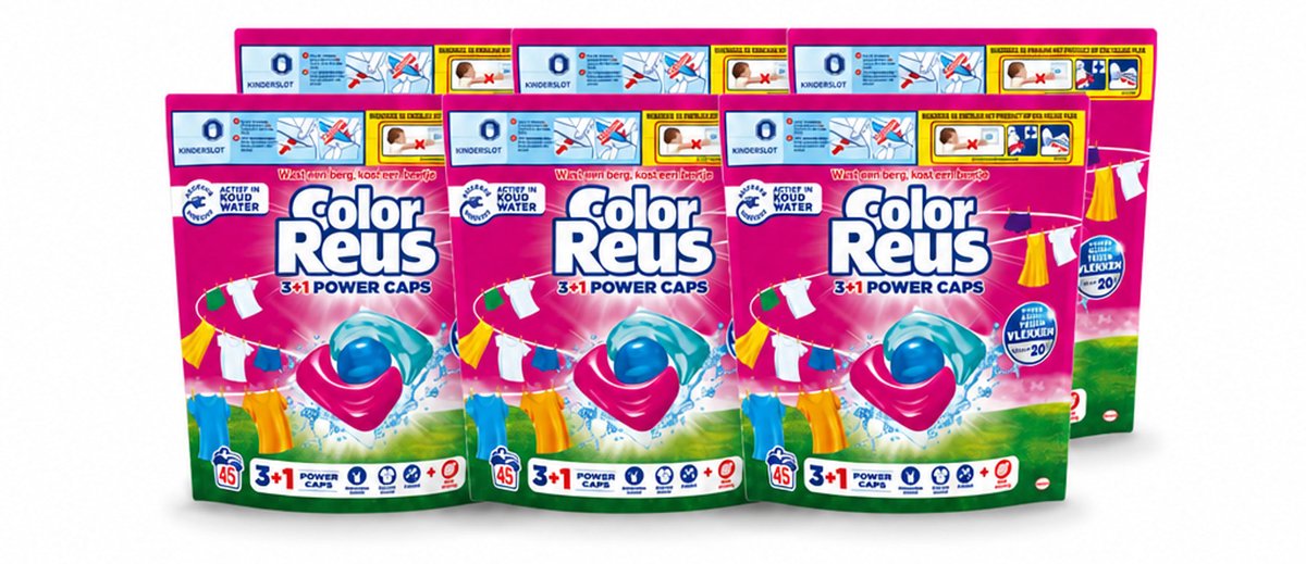 6 x Color Reus - 3+1 Power Caps - Gekleurde Was - 45 Wasbeurten - Voordeelverpakking - 6 stuks